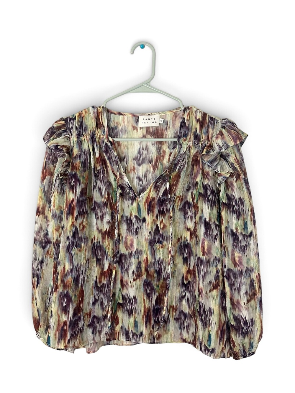 Tanya Tylor Delaney Ruffled V-Neck Blouse Top in Pipam